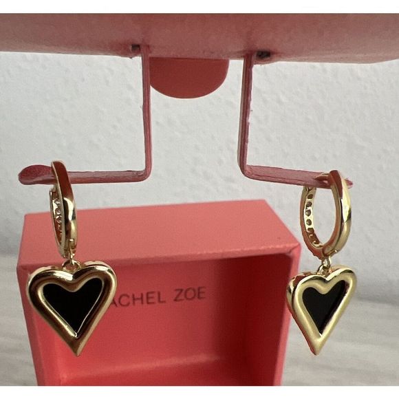 RACHEL ZOE STERLING SILVER GOLD TONE ONYX & CZ HEART HUGGIE EARRINGS~NIB! - Picture 7 of 11